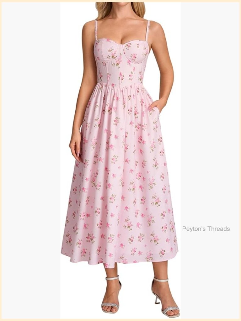 Floral Corset Midi Dress With Pockets Spaghetti Straps A-Line